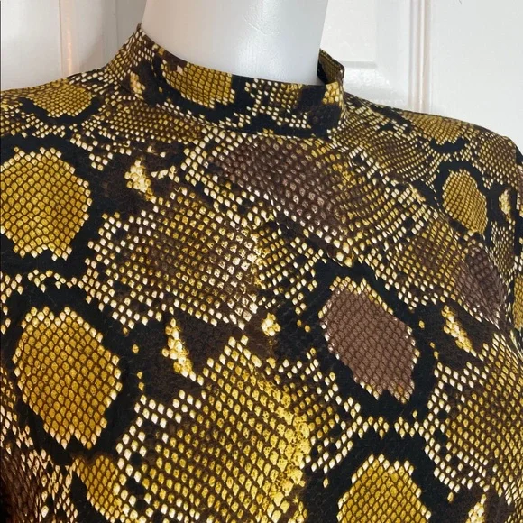 ZARA SNAKESKIN ANIMAL PRINT LONG SLEEVE BELTED BLACK BROWN YELLOW DRESS SZ XS - Picture 9 of 16